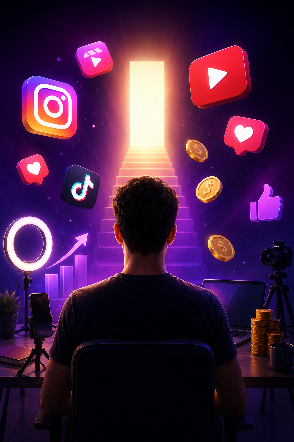 Criador de conteúdo diante de um caminho iluminado com ícones de redes sociais